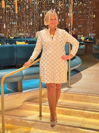 LULU-B GOLD AND WHITE HALF ZIPPER DRESS LULU-B