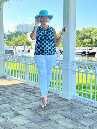 BLUE MEDALLION SLEEVELESS RUFFLE TOP LULU-B