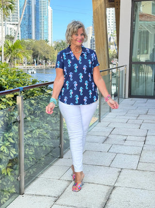 LULU B MIDNIGHT REEF SHORT SLEEVE V-NECK COLLAR TOP LULU-B