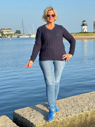 LULU-B NAVY CABLE V NECK SWEATER LULU-B