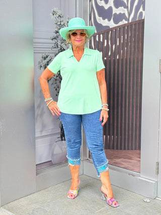 LULU-B CLEAR LIME SHORT SLEEVE COLAR TOP LULU-B