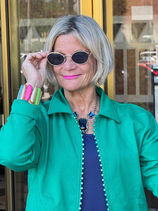 Crystal Zipper Cardigan with Collar Kelly Green Cathys Place