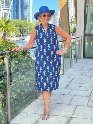 LULU B MIDNIGHT REEF MIDI SLEEVELESS 1/4 ZIP MAXI DRESS LULU-B