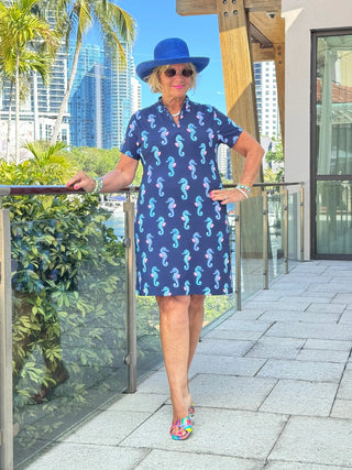 LULU B MIDNIGHT REEF HALF ZIPPER SHORT SLEEVE DRESS LULU-B