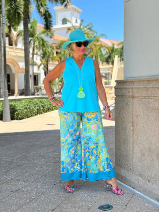TROPICAL AQUA MARINE PALAZZO PANT CATHYS RESORTWEAR