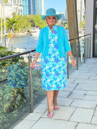 LULU B STARFISH SPLASH MIDI SLEEVELESS 1/4 ZIP MAXI DRESS LULU-B