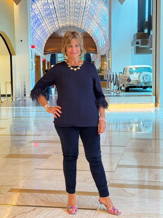 LULU-B NAVY CASHMERE SCOOP NECK FRINGE TOP LULU-B