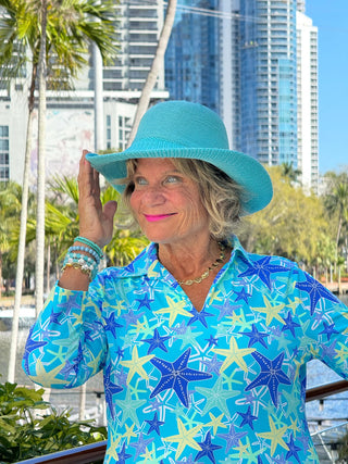 LULU B STARFISH SPLASH 3/4 SLEEVE V-NECK COLLAR SHIRT LULU-B