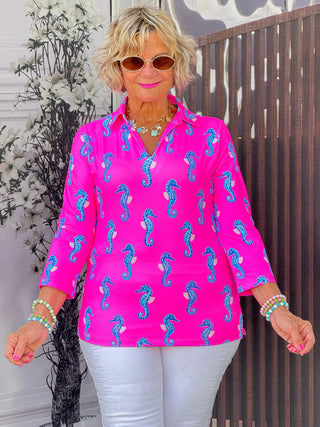 LULU B SEAHORSE BAY 3/4 SLEEVE V-NECK COLLAR SHIRT LULU-B