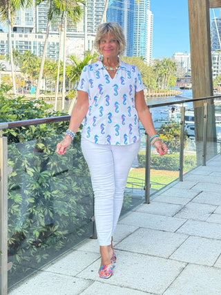 LULU B SHORELINE CHARM SHORT SLEEVE V-NECK COLLAR TOP LULU-B