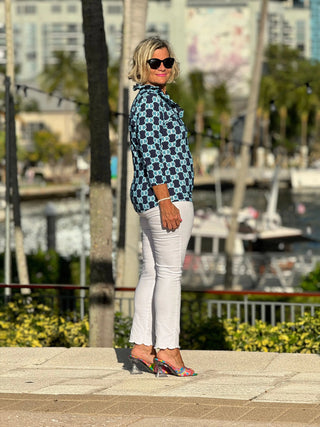BLUE MEDALLION RUFFLE SLEEVE TOP LULU-B