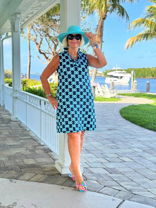 BLUE MEDALLION RUFFLE DRESS LULU-B