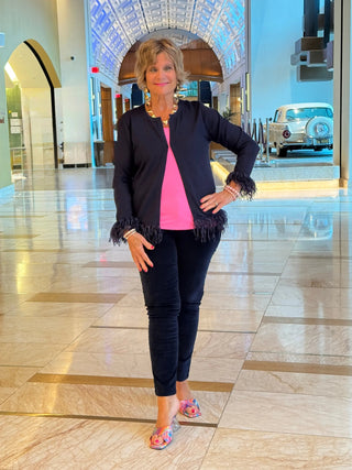 LULU-B NAVY CASHMERE FRINGE FANCY CARDIGAN LULU-B