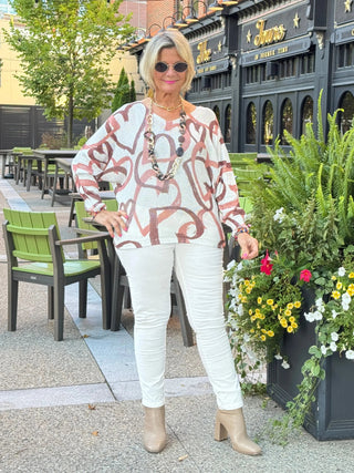 One Size Beige Heart Printed Knitted Sweater Cathys Place