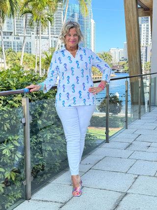 LULU B SHORELINE CHARM 3/4 SLEEVE V-NECK COLLAR SHIRT LULU-B