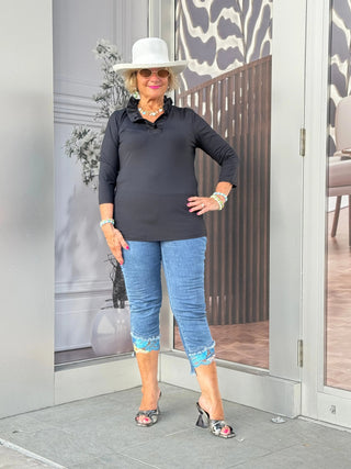 BLACK 3/25 SLEEVE RUFFLE TOP LULU-B