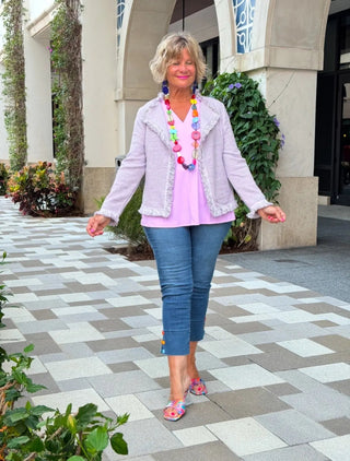 LULU-B CITY LIMIT BRIGHT PERI FRINGE JACKET LULU-B