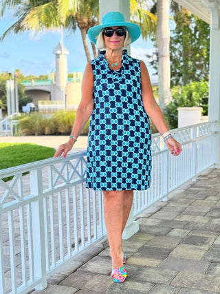 BLUE MEDALLION RUFFLE DRESS LULU-B
