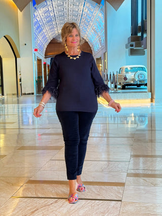 LULU-B NAVY CASHMERE SCOOP NECK FRINGE TOP LULU-B