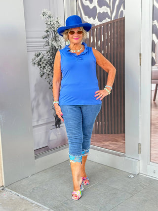 BLUE SLEEVELESS RUFFLE TOP LULU-B