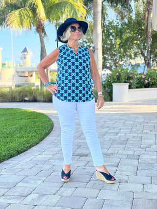 NAVY MEDALLION SLEEVELESS V NECK LULU-B