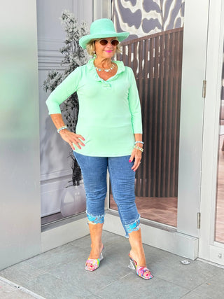 CLEAR GREEN SLEEVE RUFFLE TOP LULU-B