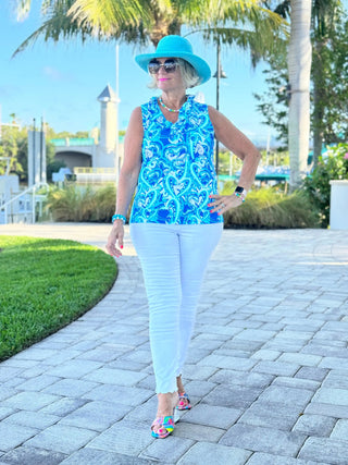 BLUE DREAMING HEARTS SLEEVELESS RUFFLE TOP LULU-B