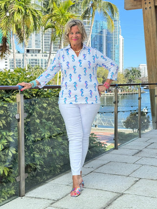 LULU B SHORELINE CHARM 3/4 SLEEVE V-NECK COLLAR SHIRT LULU-B