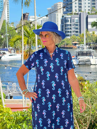 LULU B MIDNIGHT REEF HALF ZIPPER SHORT SLEEVE DRESS LULU-B