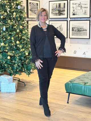 LULU-B  BLACK CASHMERE FRINGE FANCY CARDIGAN LULU-B