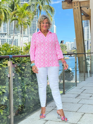 LULU B TROPIC PETALS 3/4 SLEEVE V-NECK COLLAR SHIRT LULU-B