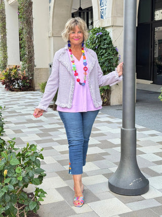 LULU-B CITY LIMIT BRIGHT PERI FRINGE JACKET LULU-B