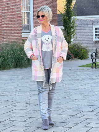 Women's Luxe Plaid Fringed Sweater Cardigan Cathys Place