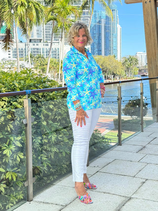 LULU B STARFISH SPLASH 3/4 SLEEVE V-NECK COLLAR SHIRT LULU-B