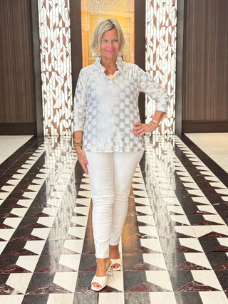 HOLIDAY GOLD AND WHITE RUFFLE TOP LULU-B