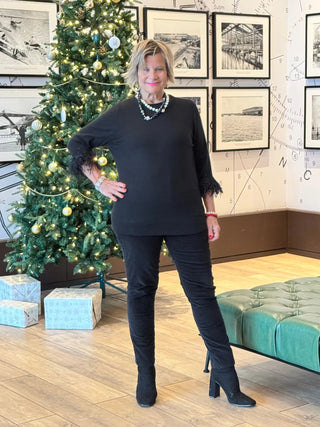 LULU-B BLACK SCOOP NECK FRINGE FANCY SWEATER LULU-B