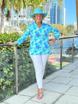 LULU B STARFISH SPLASH 3/4 SLEEVE V-NECK COLLAR SHIRT LULU-B