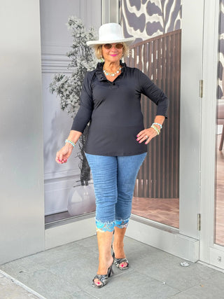 BLACK 3/25 SLEEVE RUFFLE TOP LULU-B