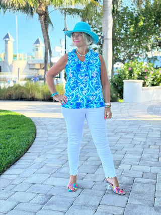 BLUE DREAMING HEARTS SLEEVELESS RUFFLE TOP LULU-B