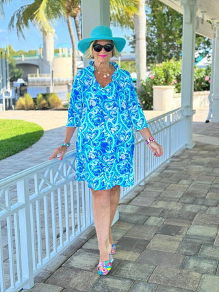 BLUE DREAMING HEART RUFFLE NECK DRESS LULU-B