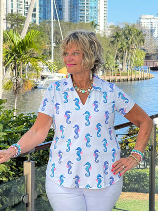 LULU B SHORELINE CHARM SHORT SLEEVE V-NECK COLLAR TOP LULU-B