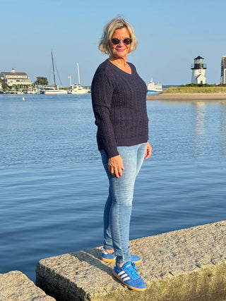LULU-B NAVY CABLE V NECK SWEATER LULU-B