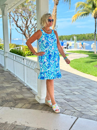 BLUE DREAMING HEARTS  HALTER RUFFLE DRESS LULU-B