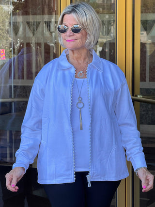 Crystal Zipper Cardigan with Collar White Cathys Place