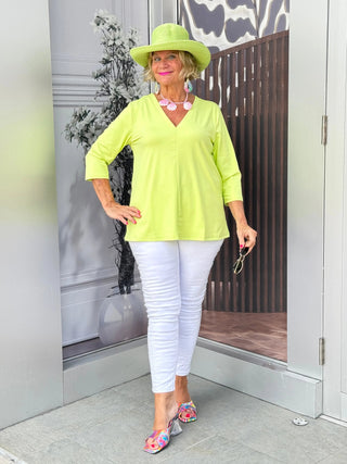 TAILORED SLEEVE LIME V NECK TOP LULU-B