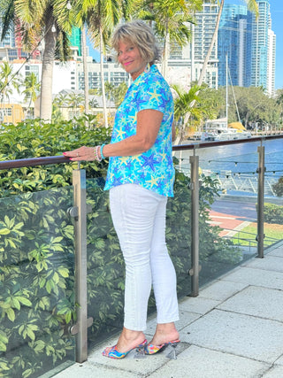 LULU B STARFISH SPLASH SHORT SLEEVE V-NECK COLLAR TOP LULU-B