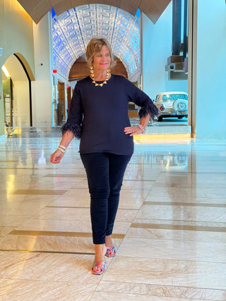 LULU-B NAVY CASHMERE SCOOP NECK FRINGE TOP LULU-B