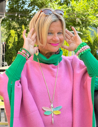 PINK AND GREEN KNIT PONCHO BEACH STYLE