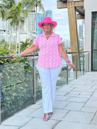 LULU B TROPIC PETALS SHORT SLEEVE V-NECK COLLAR TOP LULU-B