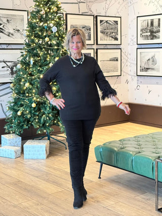 LULU-B BLACK SCOOP NECK FRINGE FANCY SWEATER LULU-B